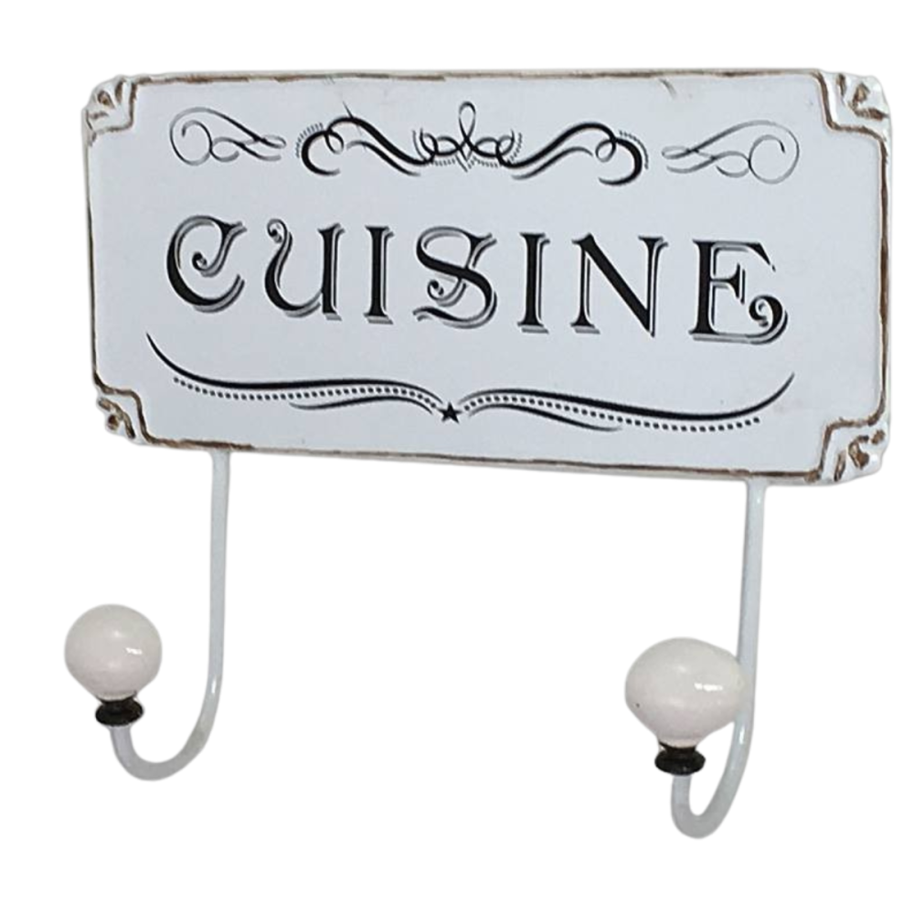 Patère porte-serviette «Cuisine» en métal blanc vieilli et porcelaine