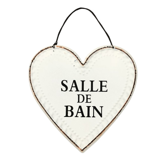 Plaque de porte en forme de coeur "Salle de Bain" en métal Blanc