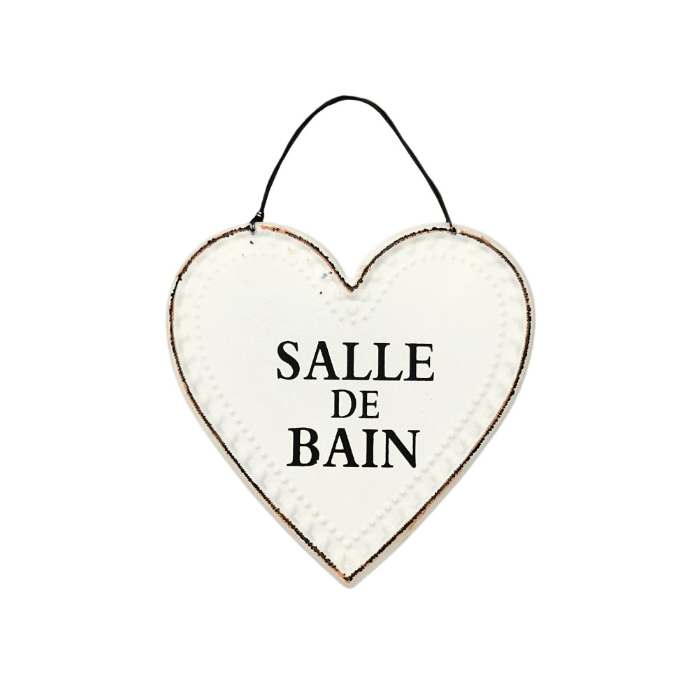 Plaque de porte en forme de coeur "Salle de Bain" en métal Blanc