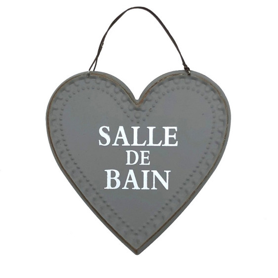 Plaque de porte en forme de coeur "Salle de Bain" en métal Gris