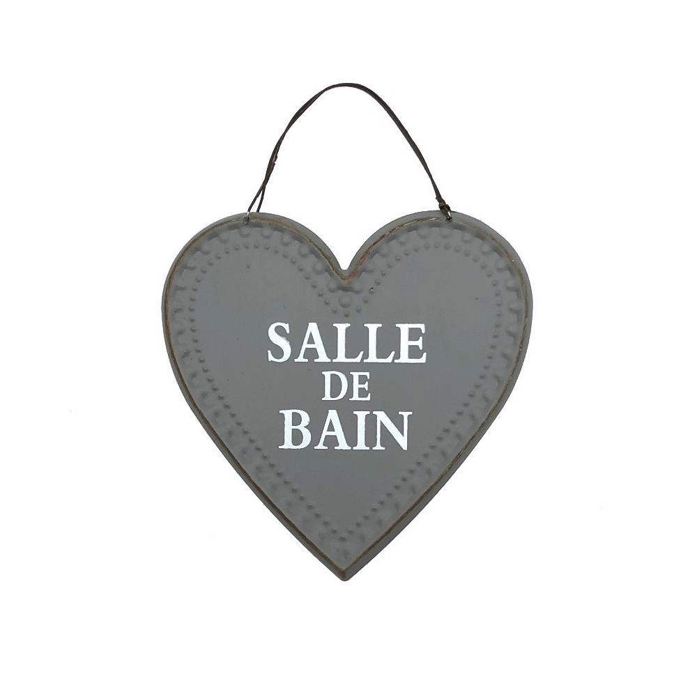 Plaque de porte en forme de coeur "Salle de Bain" en métal Gris