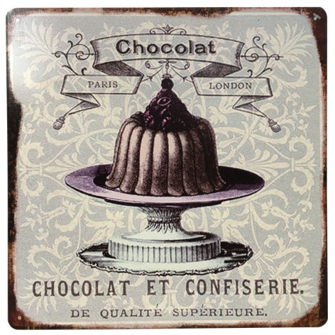 Plaque décorative carrée en métal "Chocolat et confiserie"