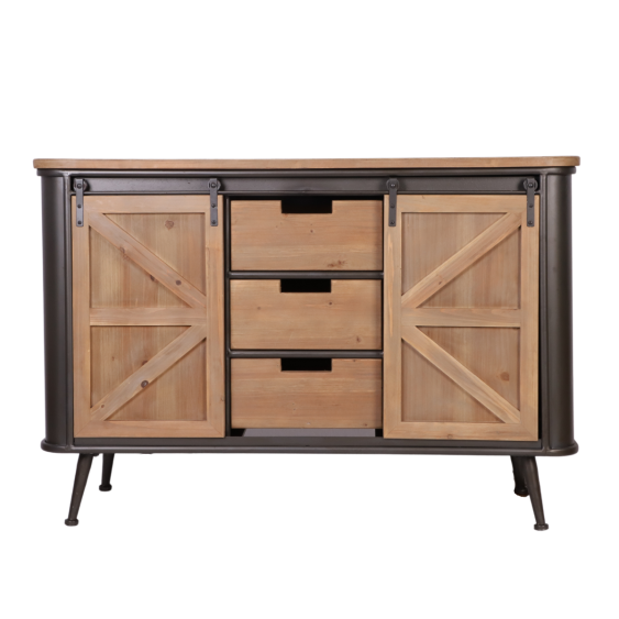 Meuble buffet métal + bois (2 portes coulissantes en bois sur rail + 3 tiroirs en bois)