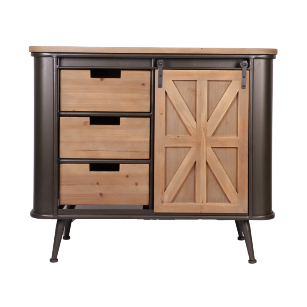 Meuble buffet métal + bois (1 porte coulissante en bois sur rail + 3 tiroirs)