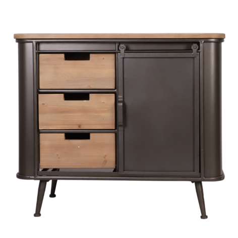 Meuble buffet métal + bois (1 porte coulissante en métal sur rail + 3 tiroirs en bois)