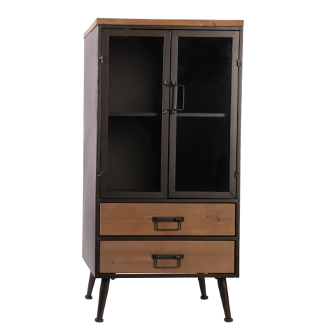 Armoire sur pieds métal + bois (2 portes en verre+ 2 tiroirs en bois)