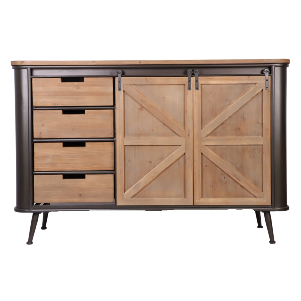 Meuble buffet métal + bois (2 portes coulissantes en bois sur rail + 4 tiroirs en bois)