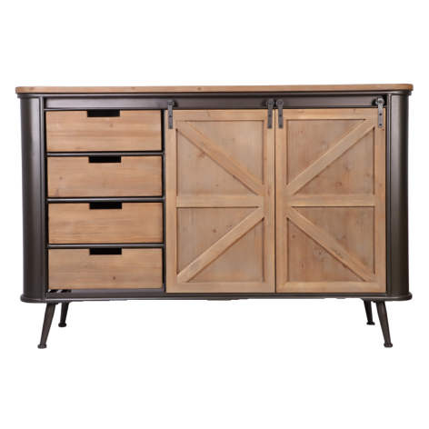 Meuble buffet métal + bois (2 portes coulissantes en bois sur rail + 4 tiroirs en bois)