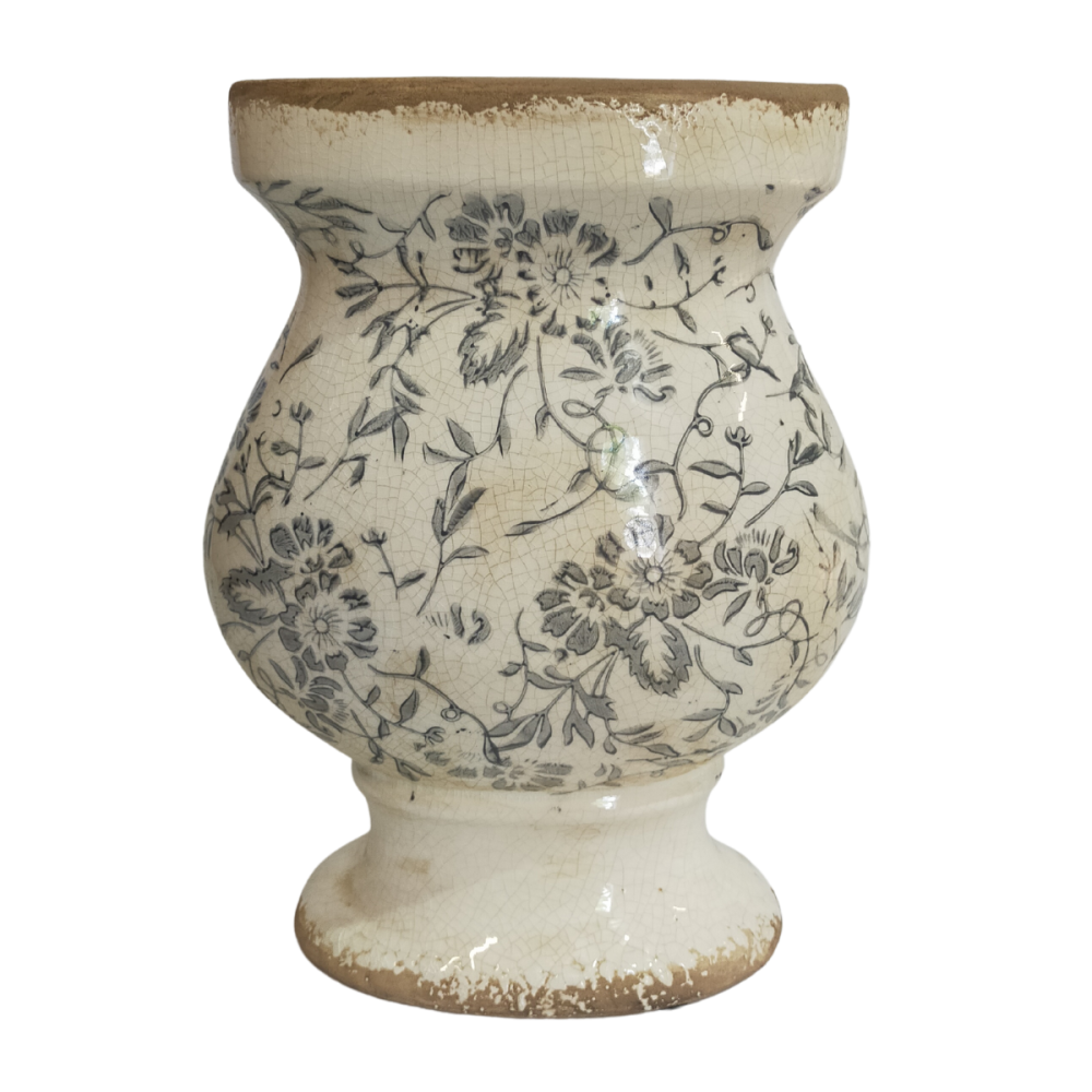 Vase ovale sur pied"Fleur Grise" en céramique émaillée effet vieilli et craquelé