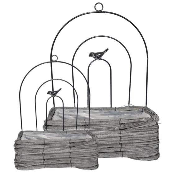 Set de 2 jardinières rectangles en osier gris à poser ou accrocher avec oiseau en métal