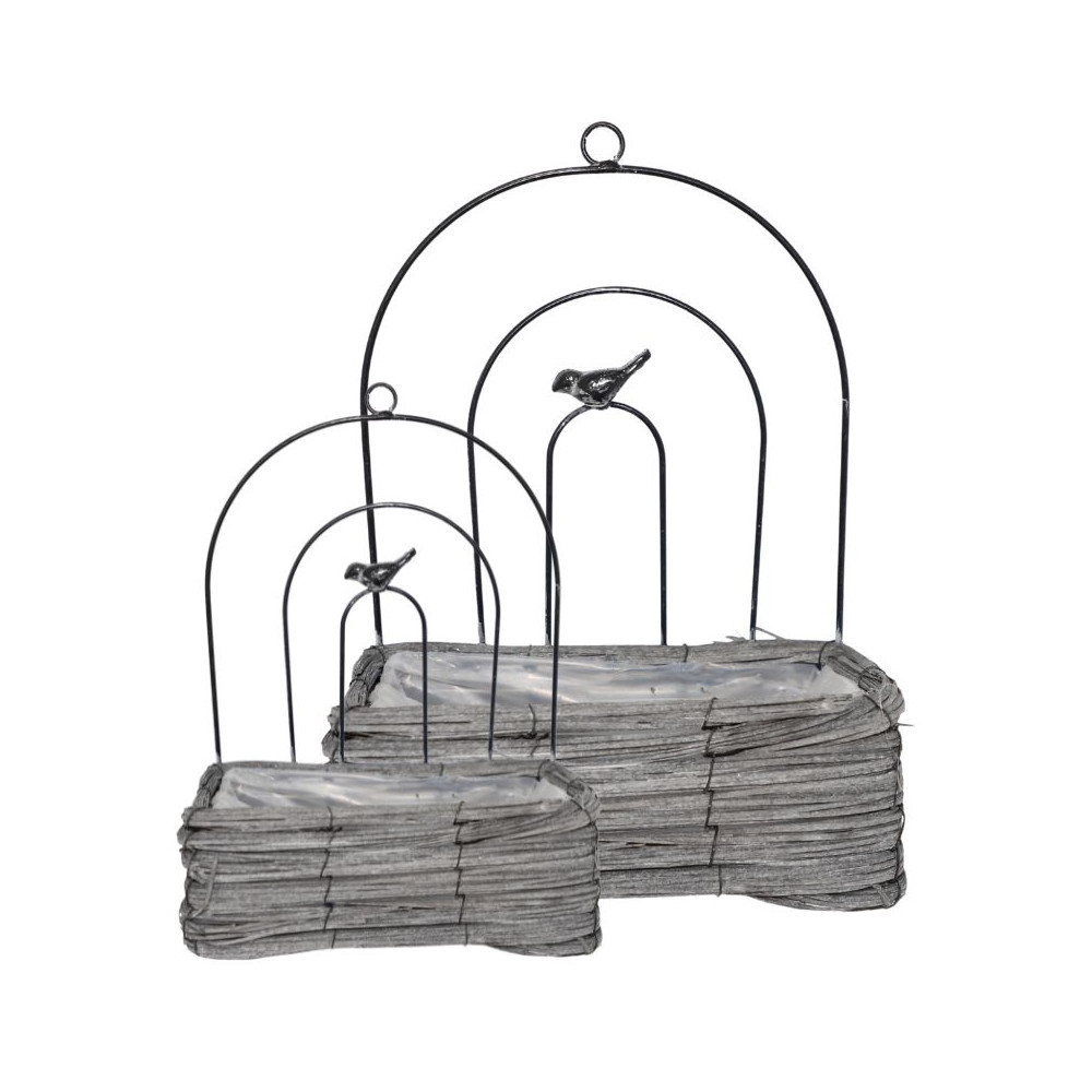 Set de 2 jardinières rectangles en osier gris à poser ou accrocher avec oiseau en métal