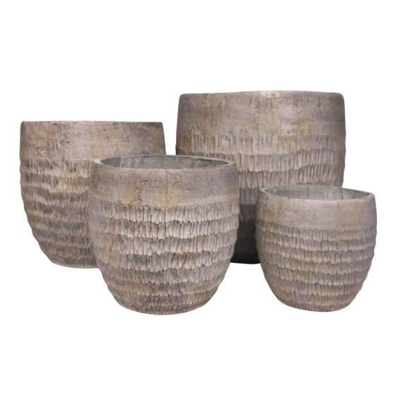 Set de 4 Cache-pots en Résine fibrée - décor "gaufré" - beige/sable - "Spécial exterieur"