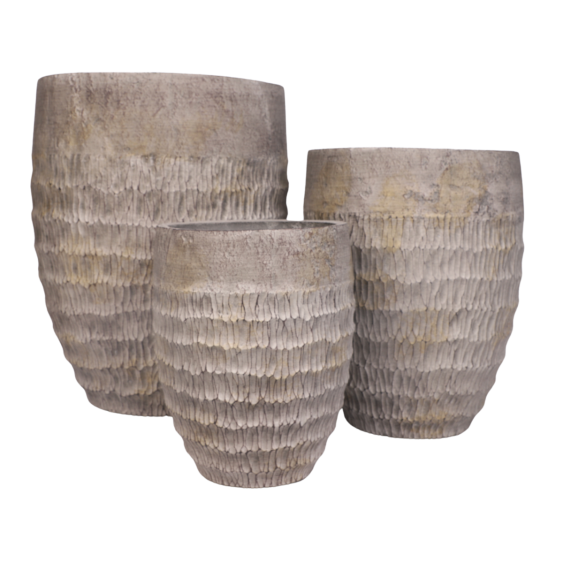 Set de 3 Cache-pots en Résine fibrée - décor "gaufré" - gris anthracite - "Spécial exterieur"