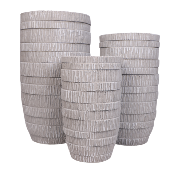 Set de 3 Cache-pots hauts en Résine fibrée - décor "strié" - gris - "Spécial exterieur"