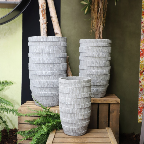 Set de 3 Cache-pots hauts en Résine fibrée - décor "strié" - gris - "Spécial exterieur"