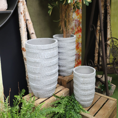 Set de 3 Cache-pots hauts en Résine fibrée - décor "strié" - gris - "Spécial exterieur"