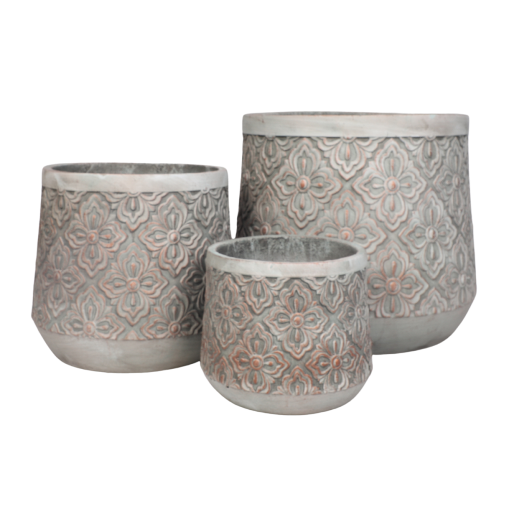 Set de 3 Cache-pots en Résine fibrée - décor" Fleuri" - vert de gris "Spécial exterieur"