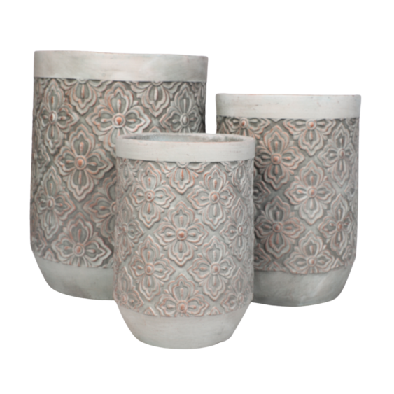 Set de 3 Cache-pots hauts en Résine fibrée - décor" Fleuri" - gris/cuivré "Spécial exterieur"