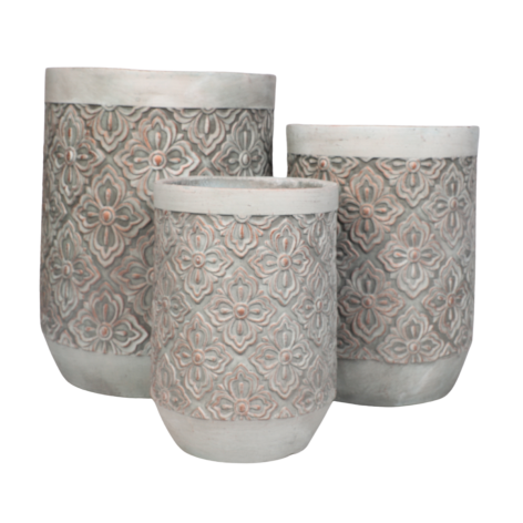 Set de 3 Cache-pots hauts en Résine fibrée - décor" Fleuri" - gris/cuivré "Spécial exterieur"