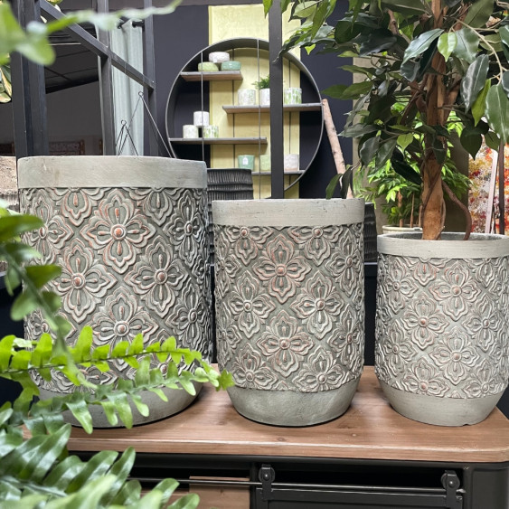 Set de 3 Cache-pots hauts en Résine fibrée - décor" Fleuri" - gris/cuivré "Spécial exterieur"