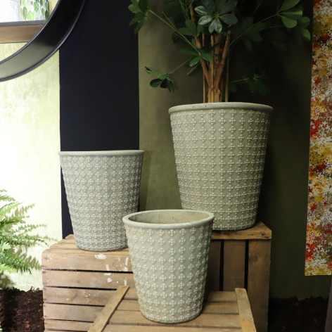 Set de 3 Cache-pots évasés en Résine fibrée - décor "Cannage" - vert de gris - "Spécial exterieur"