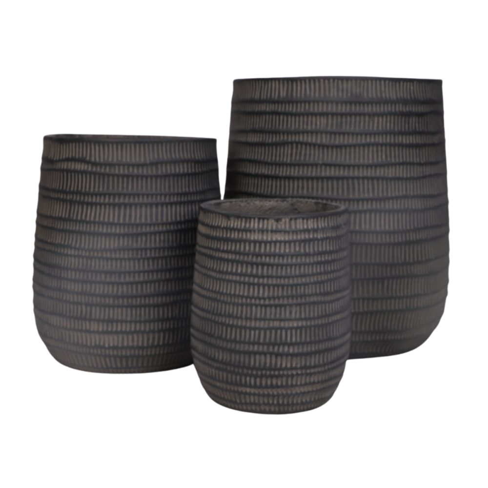 Set de 3 Cache-pots en Résine fibrée - décor "gaufré" - gris anthracite - "Spécial exterieur"