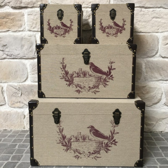 Set de 4 malles en toile de jutes avec décors oiseau