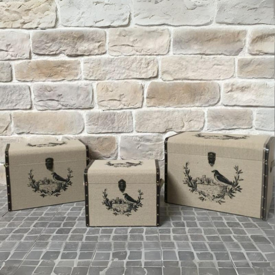 Set de 3 malles en jute décors oiseau avec lanière beige