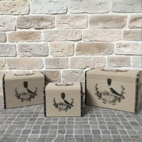 Set de 3 malles en jute décors oiseau avec lanière beige