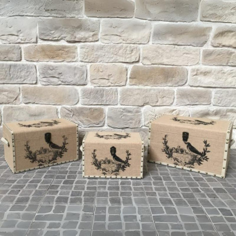 Set de 2 Malles rectangulaires en toile de jute avec imprimé maison et lanières marron