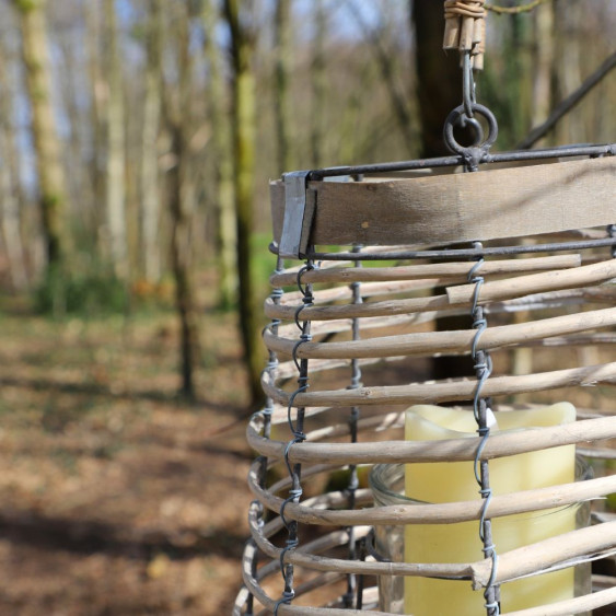 Lanterne évasée en osier tressé gris + verrerie