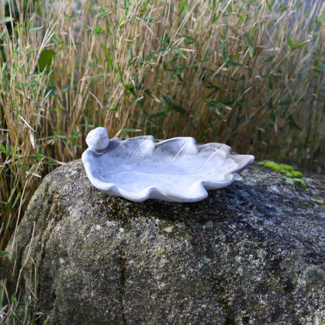 Bain d'oiseaux en ciment Beige "Feuille de Chêne" et son oiseau