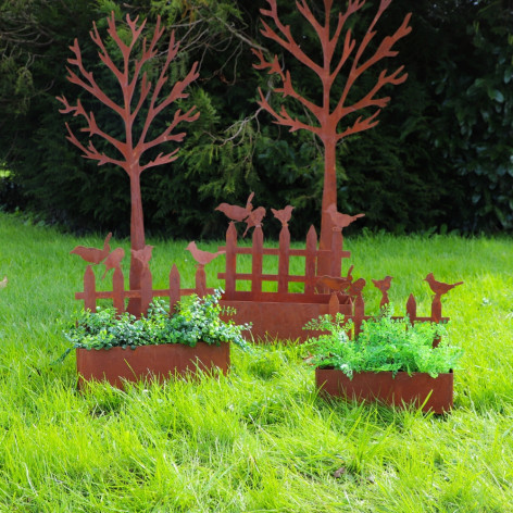 Set de 3 jardinières en métal rouillé "Barrière et ses Oiseaux"