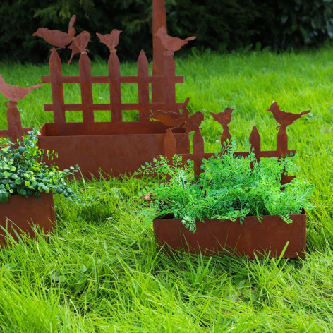 Set de 3 jardinières en métal rouillé "Barrière et ses Oiseaux"