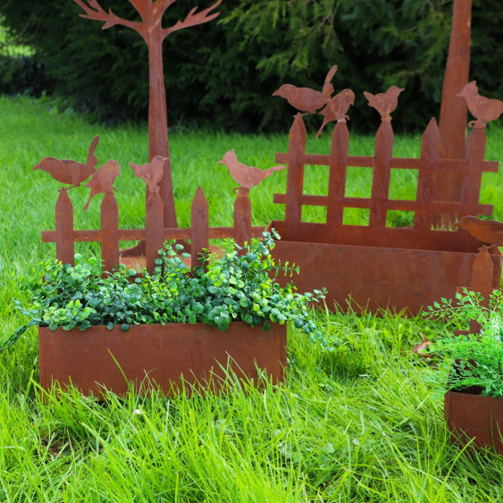 Set de 3 jardinières en métal rouillé "Barrière et ses Oiseaux"