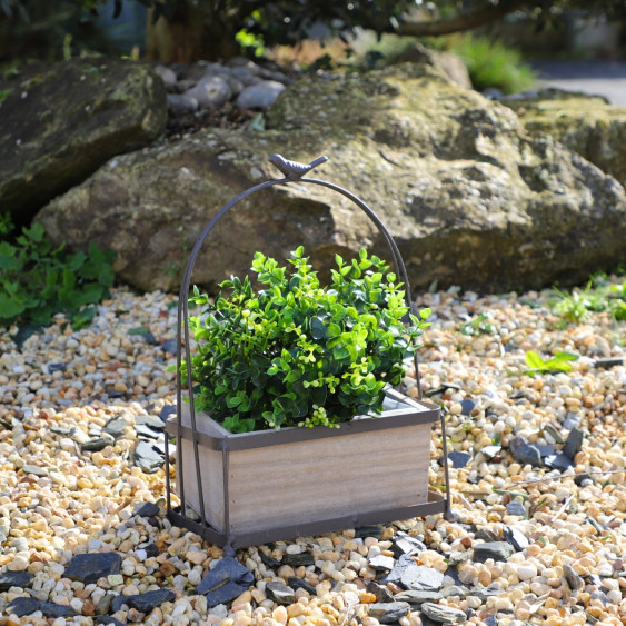 Jardinière rectangle « oiseau sur anse arrondie » en bois et métal