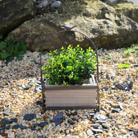 Jardinière rectangle « oiseau sur anse arrondie » en bois et métal