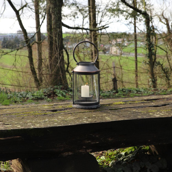 Lanterne ronde en métal gris/cuivré et verre