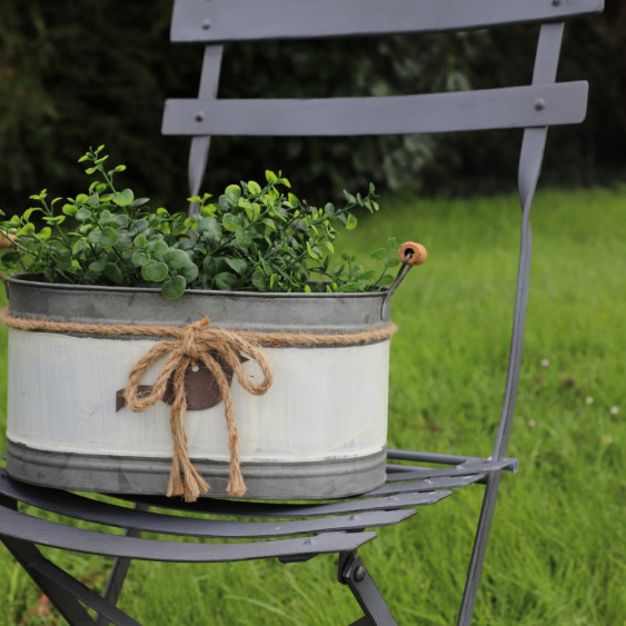 Set de 3 jardinières ovales en zinc avec poignées en bois et oiseau suspendu