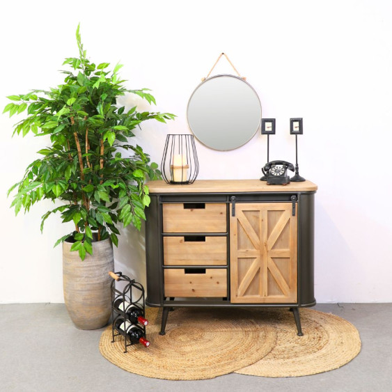 Meuble buffet métal + bois (1 porte coulissante en bois sur rail + 3 tiroirs)