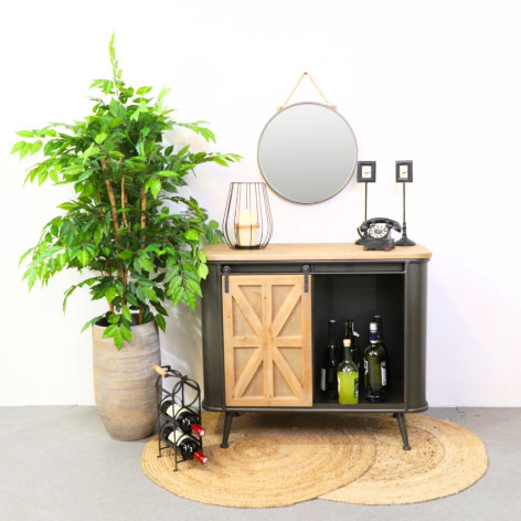 Meuble buffet métal + bois (1 porte coulissante en bois sur rail + 3 tiroirs)