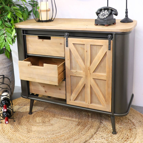 Meuble buffet métal + bois (1 porte coulissante en bois sur rail + 3 tiroirs)