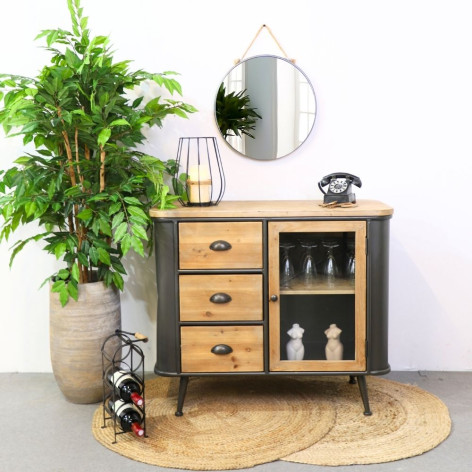 Meuble buffet métal + bois (1 tiroir en bois + 1 porte en verre + 12 rangements bouteilles)