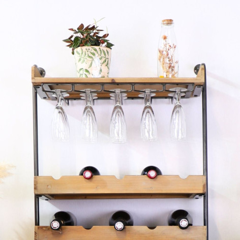 Etagère "Cave" murale métal + bois (2 étagères + 3 étages rangements bouteilles)