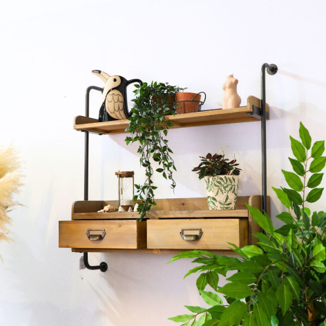 Etagère murale métal + bois (2 tiroirs en bois + 2 étagères)