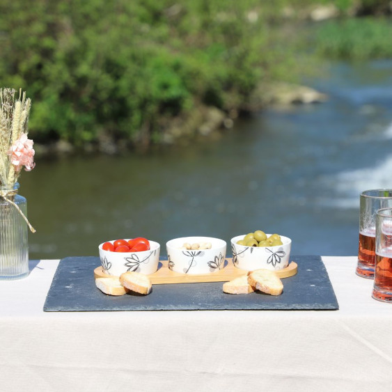 Plateau arrondi en Bambou et ses 3 verrines rondes - "Décor Fleuri"