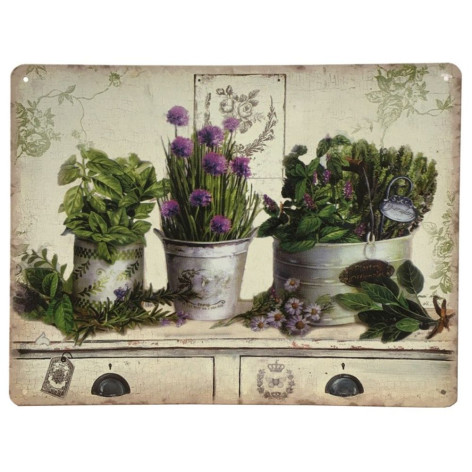 Plaque décorative en métal verte et beige "Plantes aromatiques" 33 x 25 cm