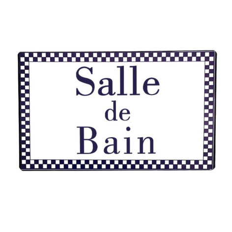 Plaque de porte salle de bain en métal blanc et bleu 15 x 9 cm