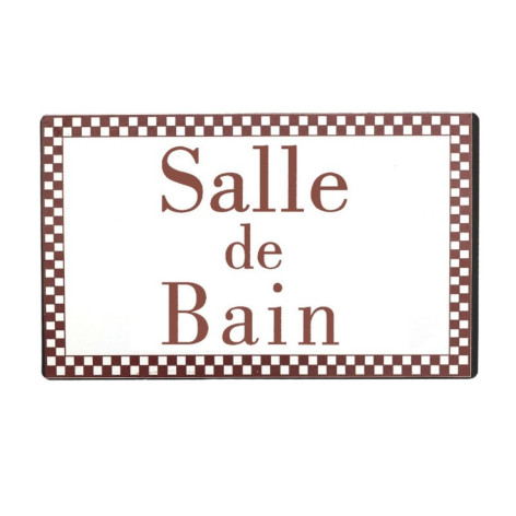 Plaque de porte salle de bain en métal blanc et marron 15 x 9 cm