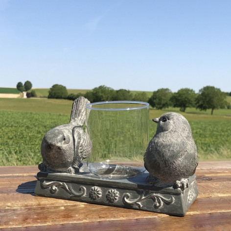 Bougeoir Photophore avec oiseaux en résine grise et verre 18 x 10 x 11 cm